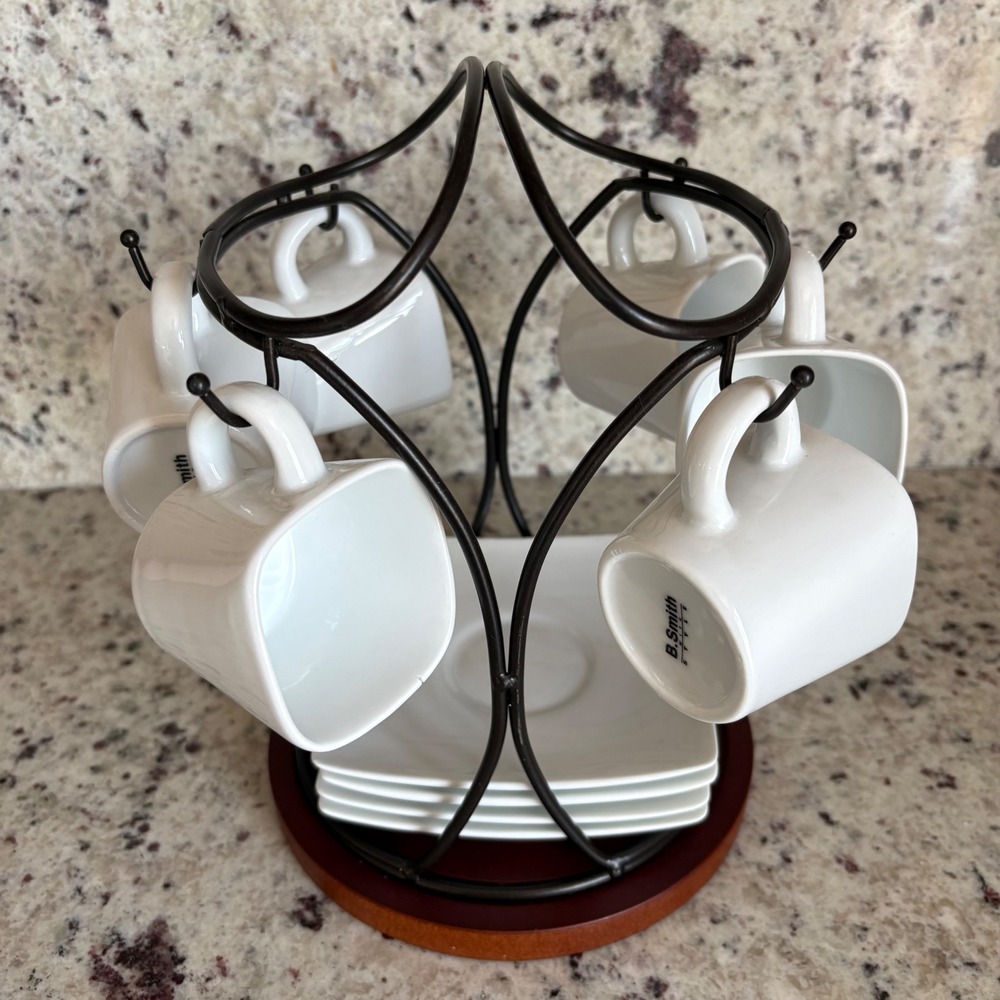 B. Smith Espresso Demitasse Set White Ceramic Square Cups Saucers Metal Rack - Picture 2 of 14